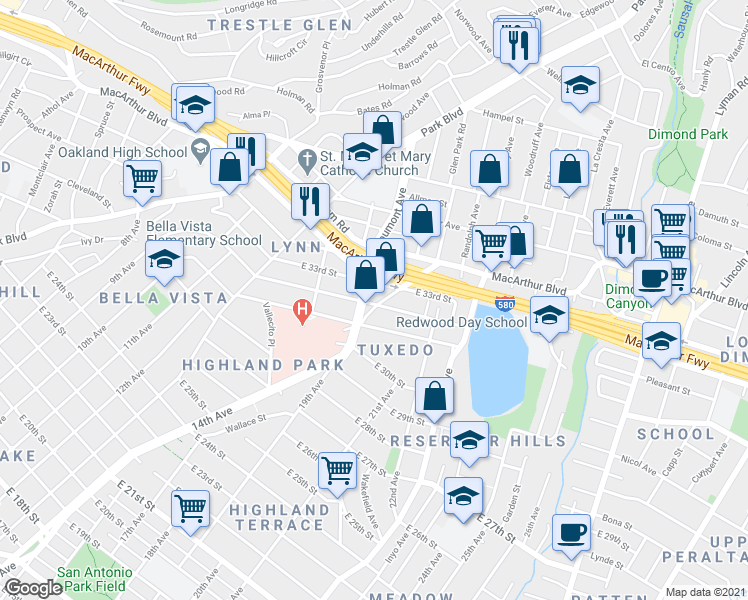 map of restaurants, bars, coffee shops, grocery stores, and more near 1513 East 33rd Street in Oakland