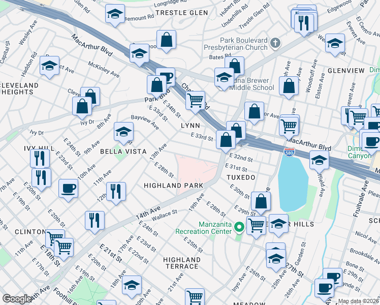 map of restaurants, bars, coffee shops, grocery stores, and more near 1373 East 32nd Street in Oakland