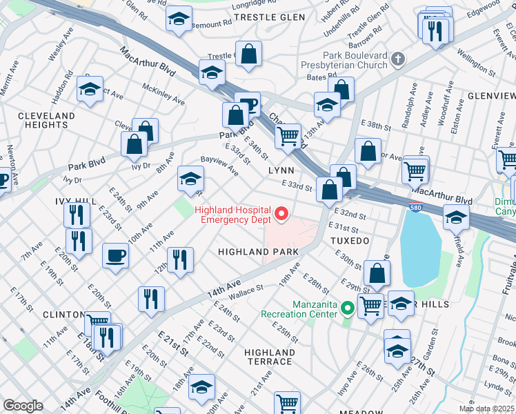 map of restaurants, bars, coffee shops, grocery stores, and more near 1332 East 31st Street in Oakland