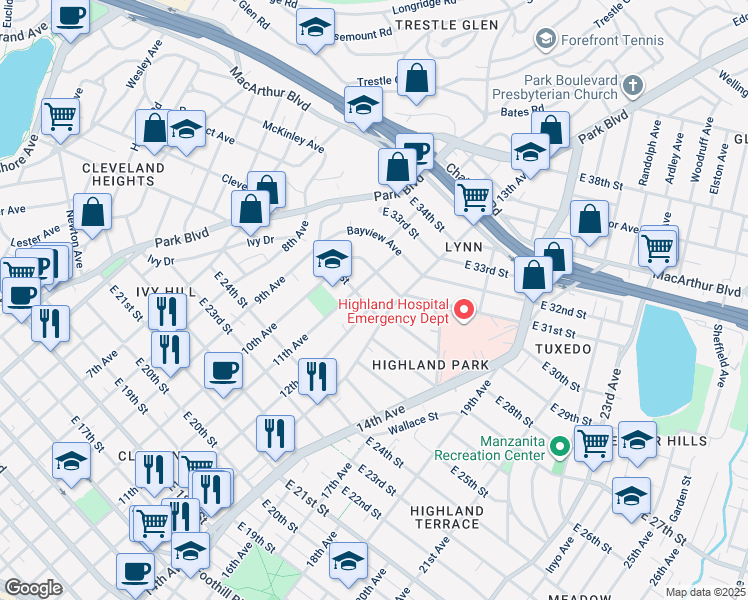 map of restaurants, bars, coffee shops, grocery stores, and more near 1112 East 28th Street in Oakland