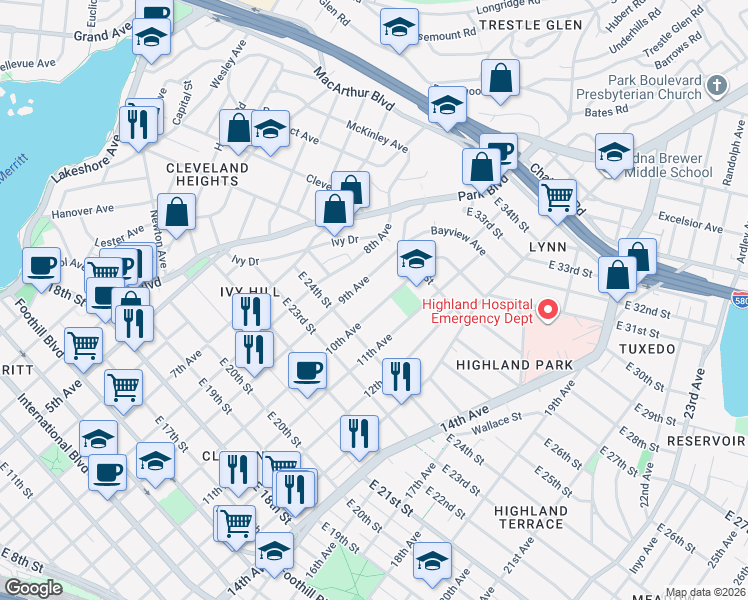 map of restaurants, bars, coffee shops, grocery stores, and more near 2531 10th Avenue in Oakland