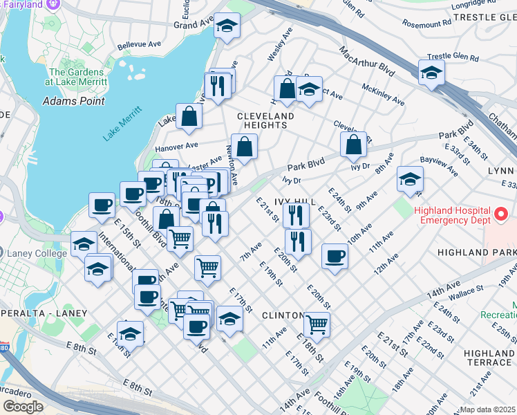 map of restaurants, bars, coffee shops, grocery stores, and more near 519 East 21st Street in Oakland
