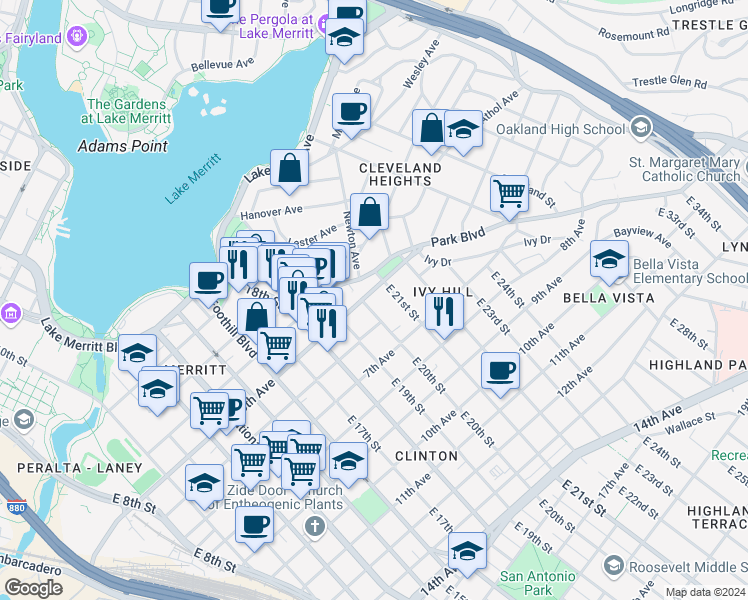 map of restaurants, bars, coffee shops, grocery stores, and more near 2001 5th Avenue in Oakland