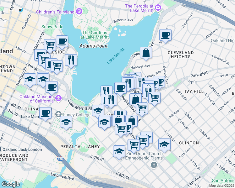 map of restaurants, bars, coffee shops, grocery stores, and more near 1524 1st Avenue in Oakland