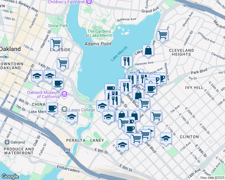 map of restaurants, bars, coffee shops, grocery stores, and more near 1524 1st Avenue in Oakland