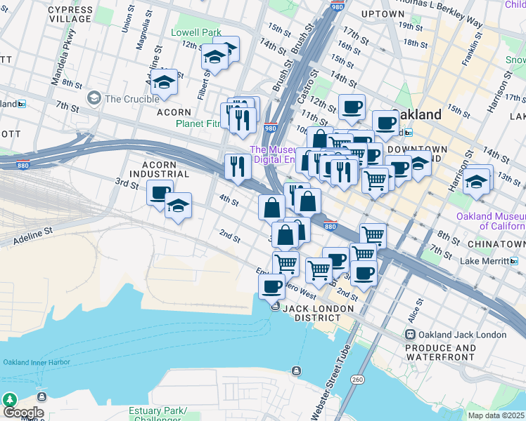 map of restaurants, bars, coffee shops, grocery stores, and more near 431 Martin Luther King Junior Way in Oakland