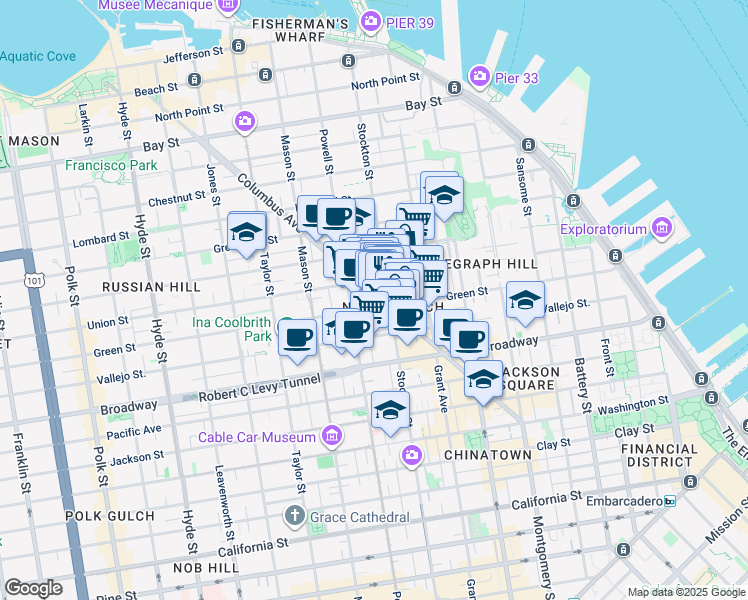 map of restaurants, bars, coffee shops, grocery stores, and more near 501 Columbus Avenue in San Francisco