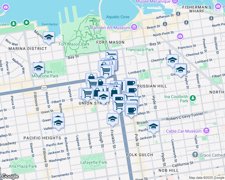 map of restaurants, bars, coffee shops, grocery stores, and more near in San Francisco