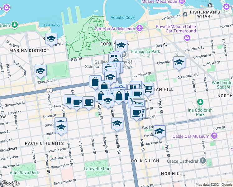 map of restaurants, bars, coffee shops, grocery stores, and more near in San Francisco