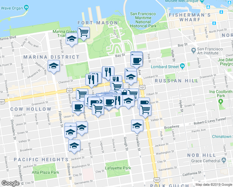 map of restaurants, bars, coffee shops, grocery stores, and more near 1750 Greenwich Street in San Francisco