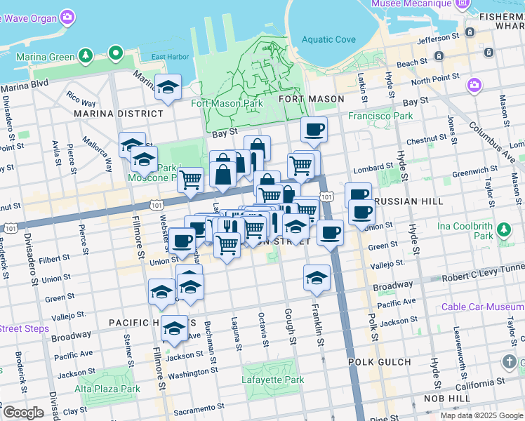 map of restaurants, bars, coffee shops, grocery stores, and more near 1750 Greenwich Street in San Francisco