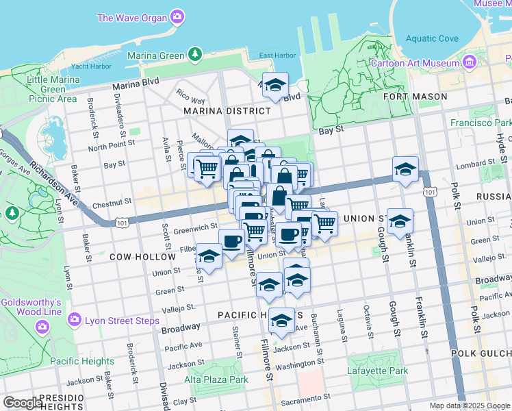 map of restaurants, bars, coffee shops, grocery stores, and more near 2020 Lombard Street in San Francisco