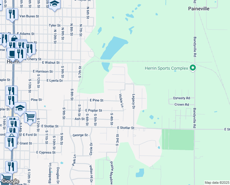 map of restaurants, bars, coffee shops, grocery stores, and more near 1201-1351 Montebello Dr in Herrin