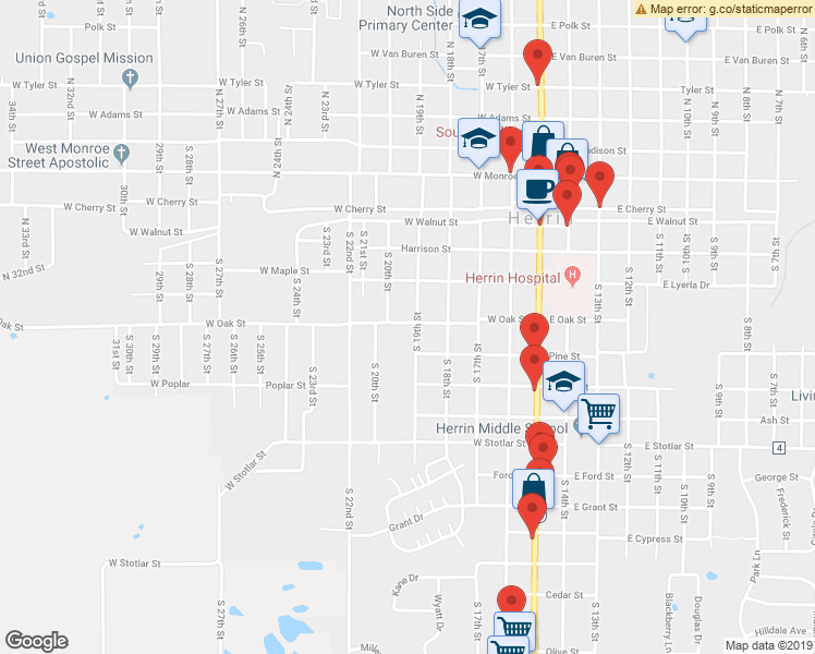 map of restaurants, bars, coffee shops, grocery stores, and more near 325 South 19th Street in Herrin
