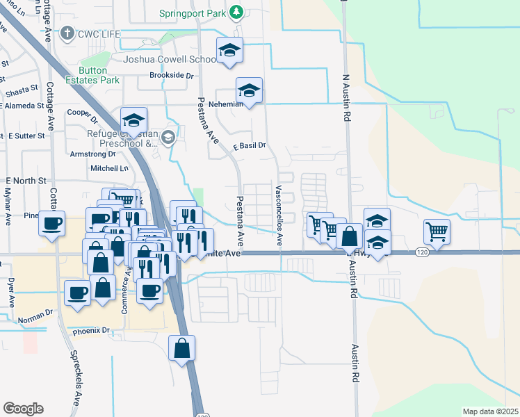 map of restaurants, bars, coffee shops, grocery stores, and more near 150 Pestana Avenue in Manteca