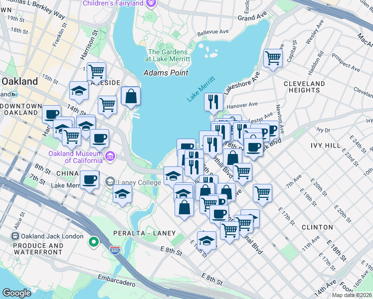map of restaurants, bars, coffee shops, grocery stores, and more near 1438 Lakeshore Avenue in Oakland