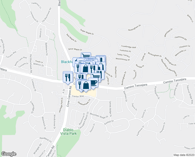 map of restaurants, bars, coffee shops, grocery stores, and more near 3451 Blackhawk Plaza Circle in Danville