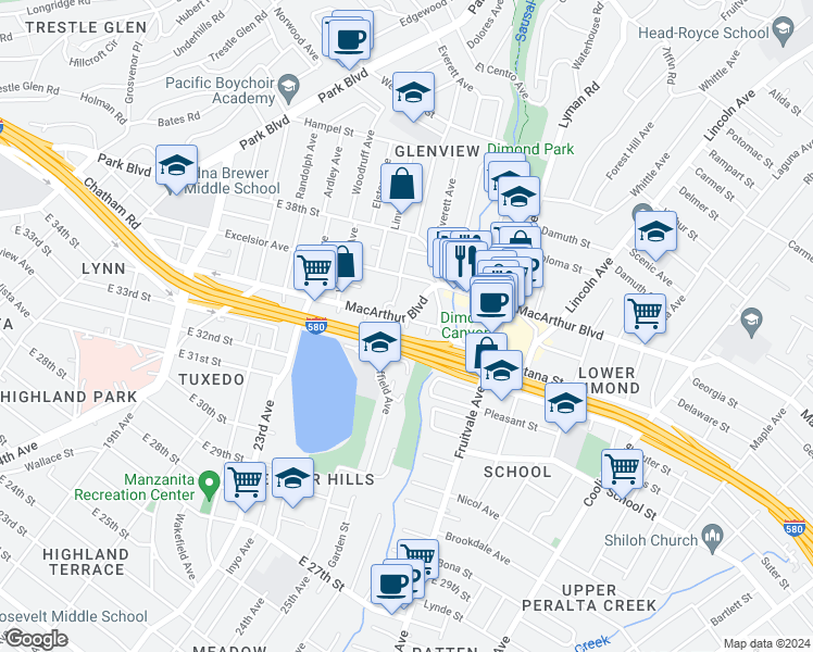 map of restaurants, bars, coffee shops, grocery stores, and more near 3458 Morrison Avenue in Oakland