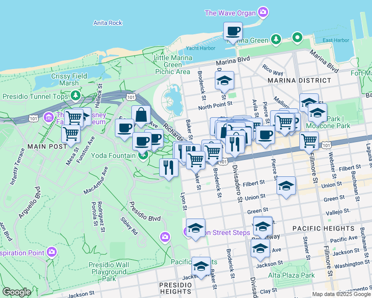 map of restaurants, bars, coffee shops, grocery stores, and more near 3157 Baker Street in San Francisco