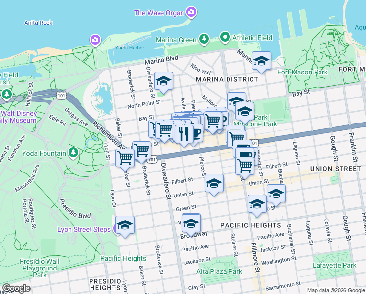 map of restaurants, bars, coffee shops, grocery stores, and more near in San Francisco