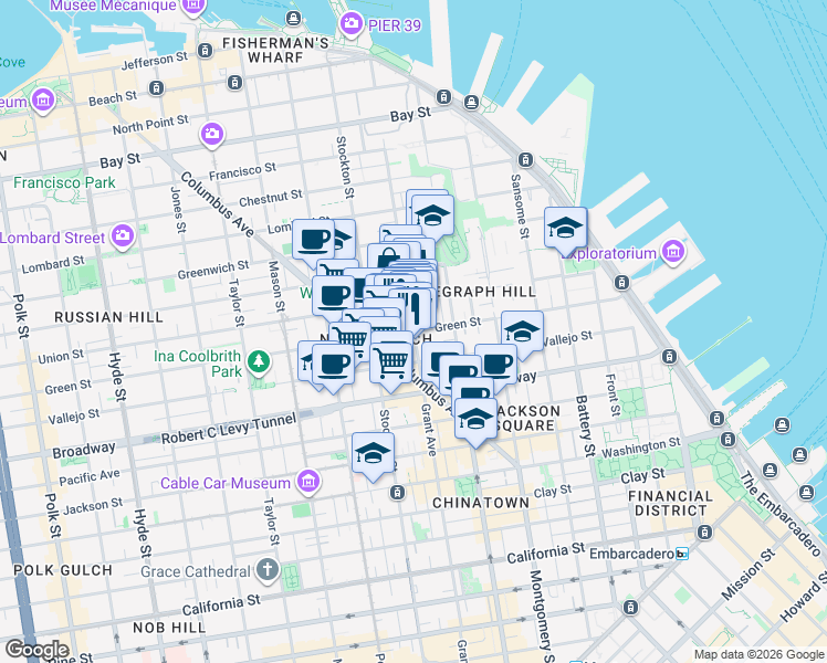 map of restaurants, bars, coffee shops, grocery stores, and more near Green St & Grant Ave in San Francisco