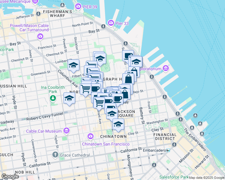 map of restaurants, bars, coffee shops, grocery stores, and more near 345 Green Street in San Francisco