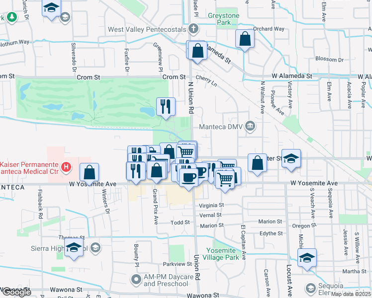 map of restaurants, bars, coffee shops, grocery stores, and more near 1215 West Center Street in Manteca