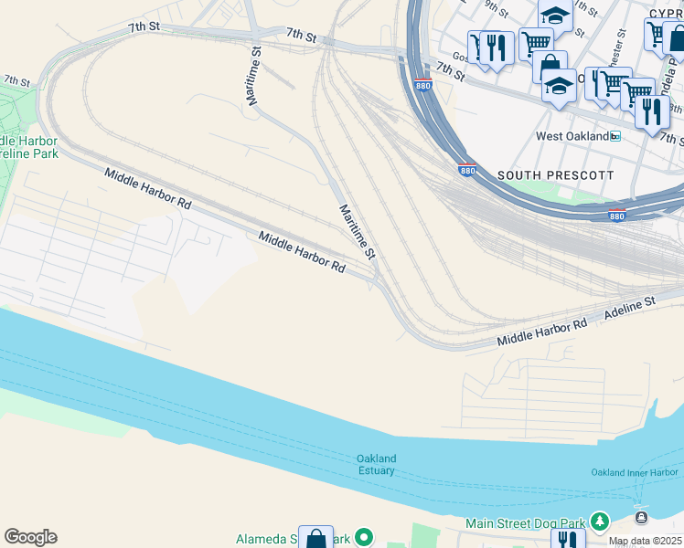 map of restaurants, bars, coffee shops, grocery stores, and more near 4840-5046 Middle Harbor Road in Oakland