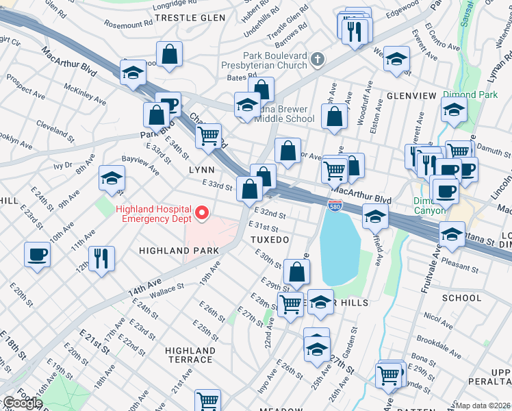 map of restaurants, bars, coffee shops, grocery stores, and more near 1513 East 33rd Street in Oakland
