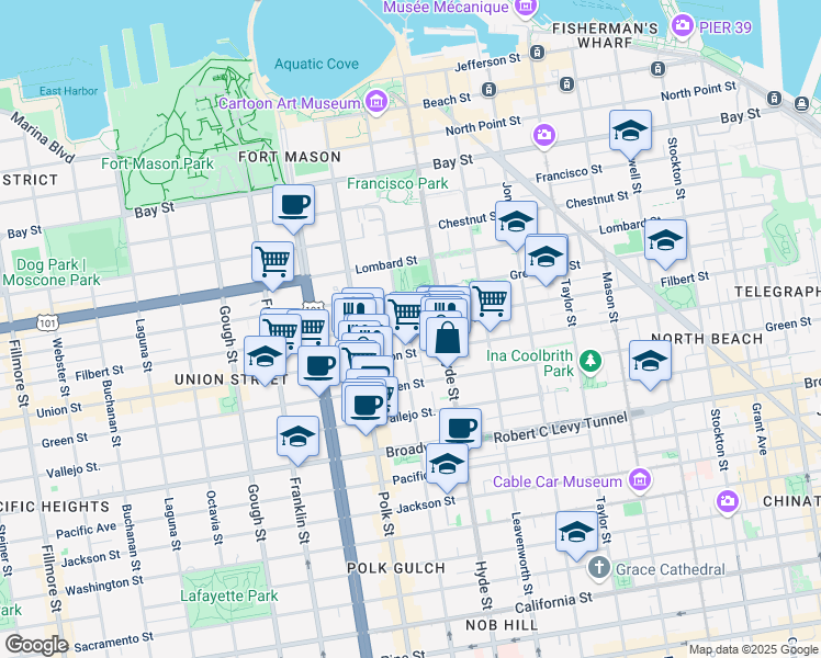 map of restaurants, bars, coffee shops, grocery stores, and more near 2409 Larkin Street in San Francisco