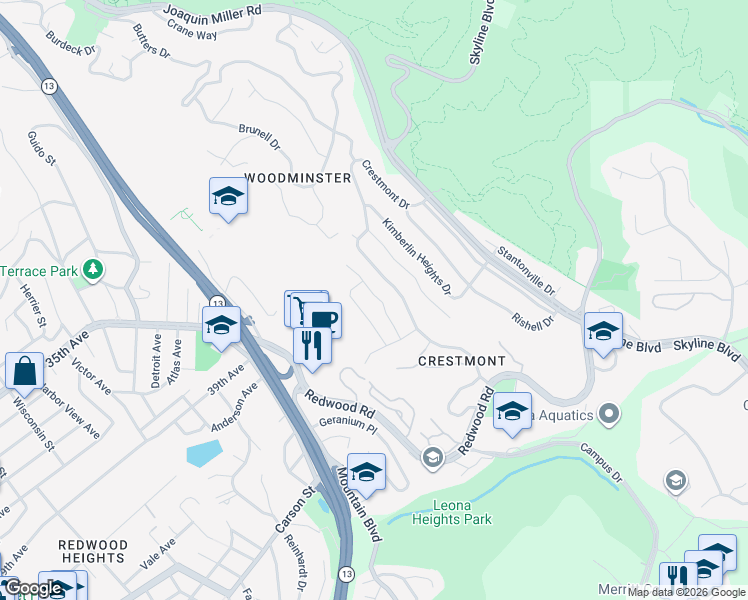 map of restaurants, bars, coffee shops, grocery stores, and more near 425 Creighton Way in Oakland