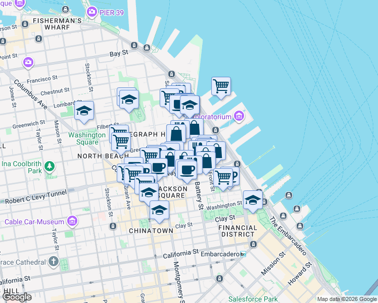 map of restaurants, bars, coffee shops, grocery stores, and more near 901 Battery Street in San Francisco