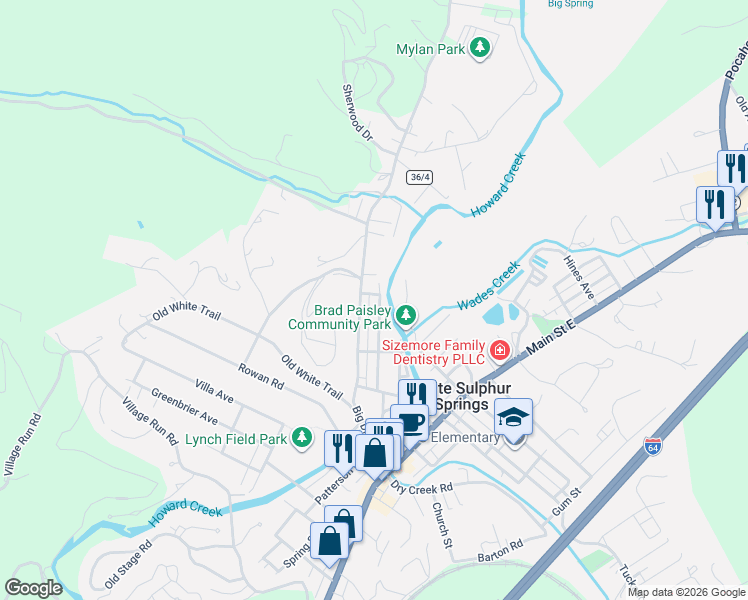 map of restaurants, bars, coffee shops, grocery stores, and more near 434 Oak Street in White Sulphur Springs