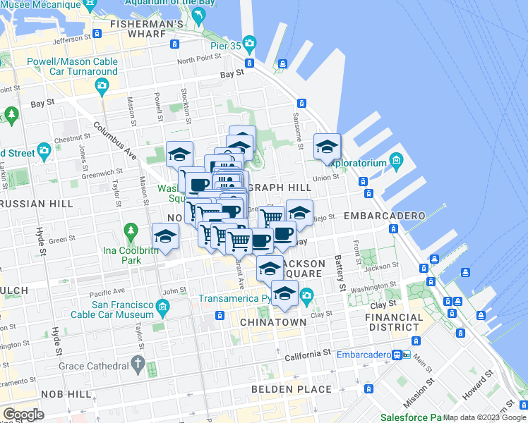 map of restaurants, bars, coffee shops, grocery stores, and more near 1309 Kearny Street in San Francisco