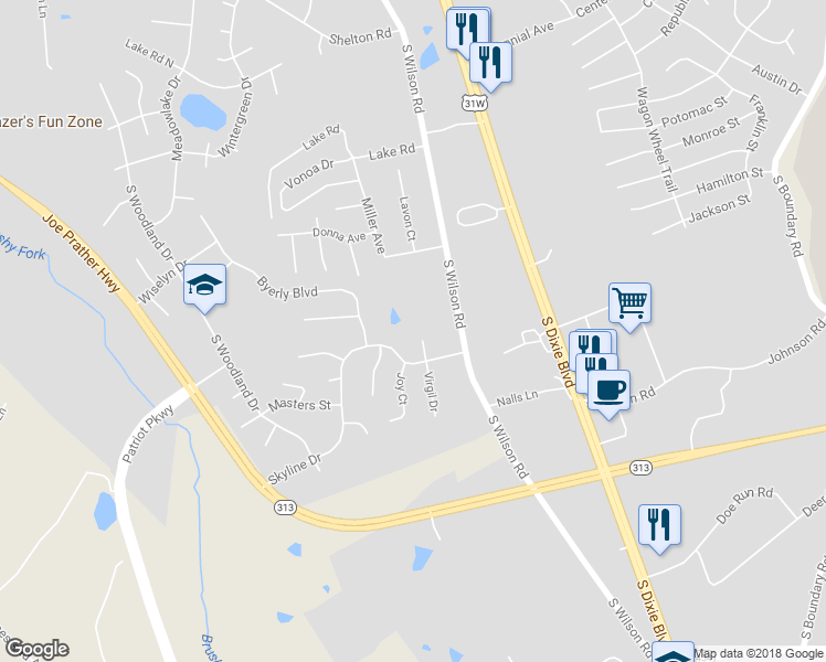 map of restaurants, bars, coffee shops, grocery stores, and more near 106 Virgil Court in Radcliff