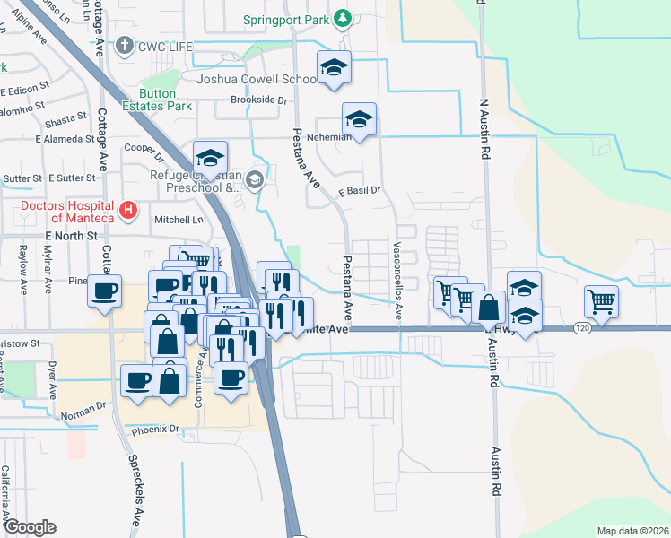 map of restaurants, bars, coffee shops, grocery stores, and more near 1834 Azure Court in Manteca