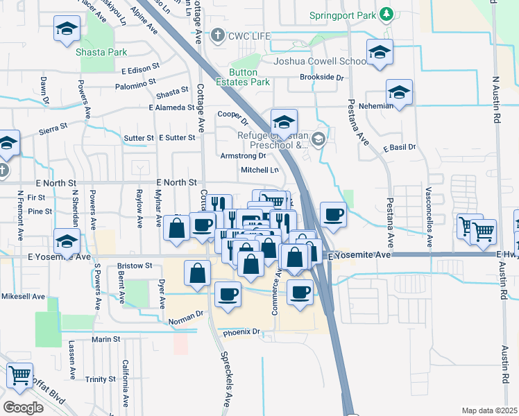 map of restaurants, bars, coffee shops, grocery stores, and more near 1300 East North Street in Manteca