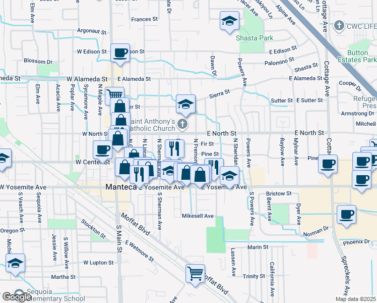 map of restaurants, bars, coffee shops, grocery stores, and more near 518 Fir Street in Manteca