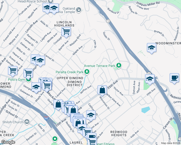 map of restaurants, bars, coffee shops, grocery stores, and more near 4101 Rettig Place in Oakland