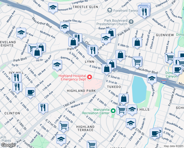 map of restaurants, bars, coffee shops, grocery stores, and more near 1373 East 32nd Street in Oakland