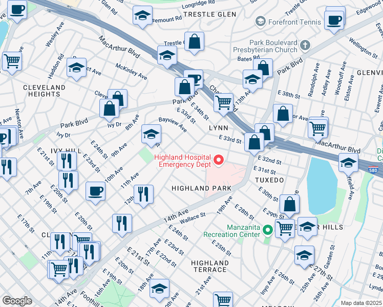 map of restaurants, bars, coffee shops, grocery stores, and more near 1153 Bella Vista Avenue in Oakland
