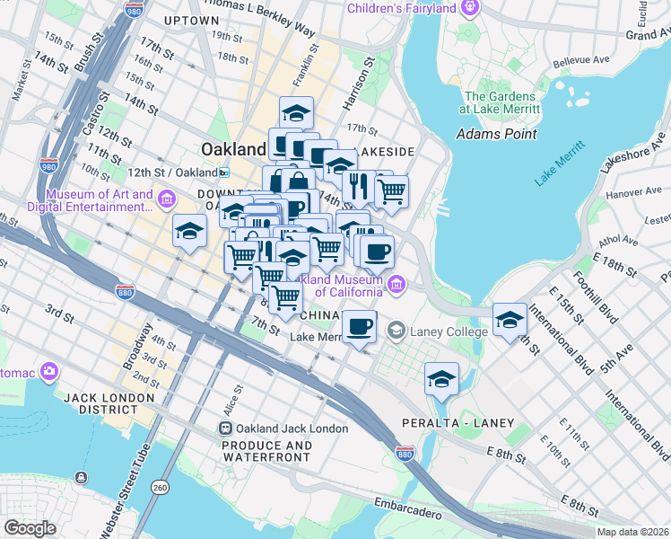 map of restaurants, bars, coffee shops, grocery stores, and more near in Oakland