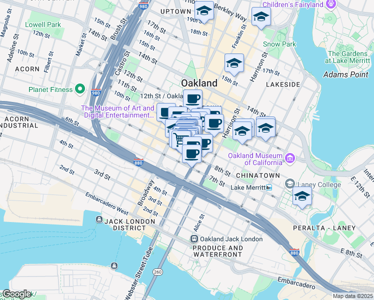map of restaurants, bars, coffee shops, grocery stores, and more near 375 8th Street in Oakland