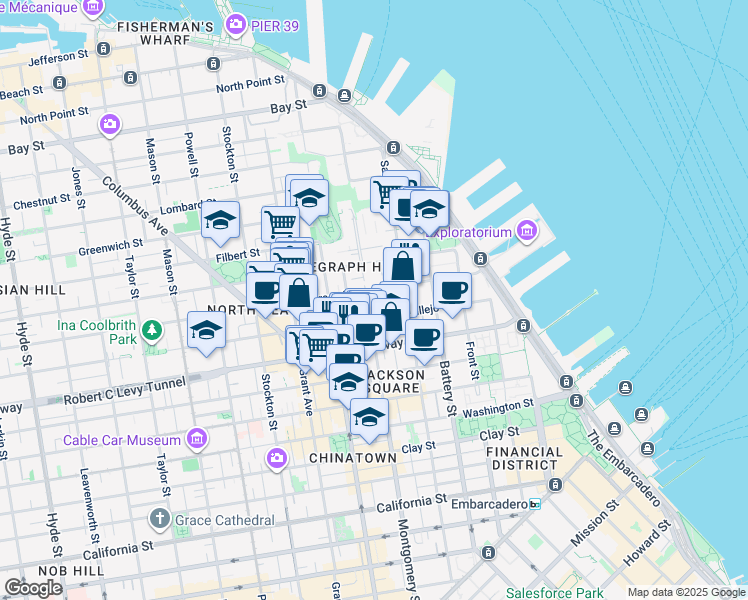 map of restaurants, bars, coffee shops, grocery stores, and more near 305 Green Street in San Francisco