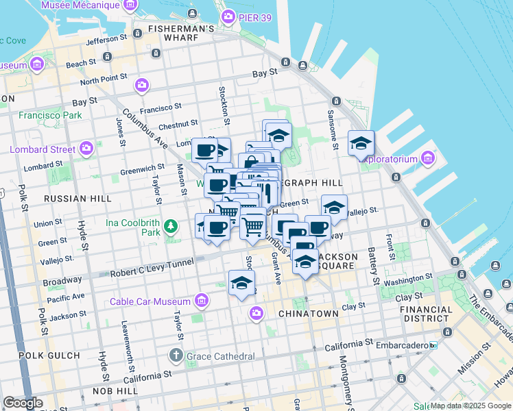 map of restaurants, bars, coffee shops, grocery stores, and more near 1425 Grant Avenue in San Francisco