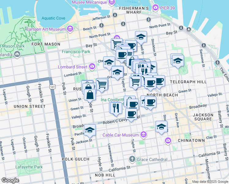 map of restaurants, bars, coffee shops, grocery stores, and more near 950 Union Street in San Francisco