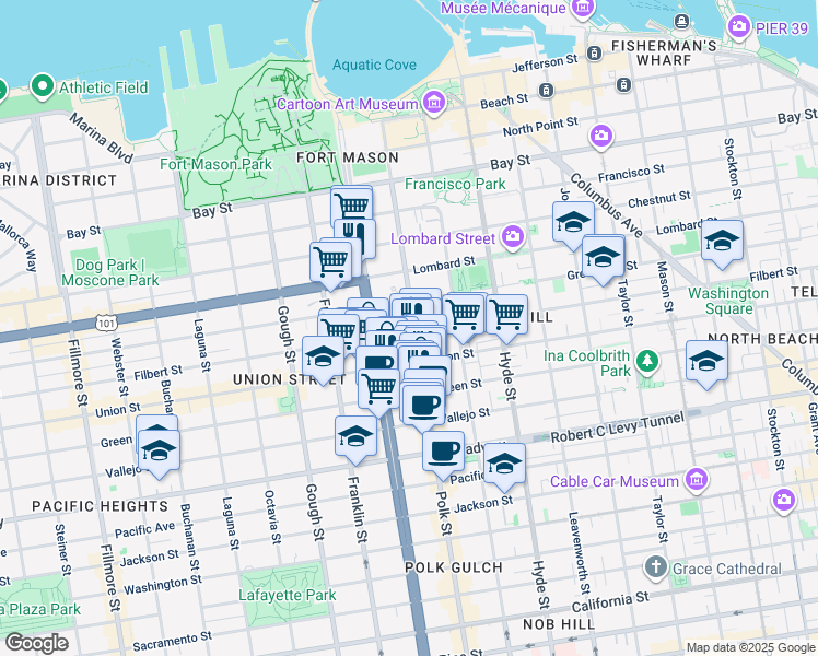 map of restaurants, bars, coffee shops, grocery stores, and more near 2512 Polk Street in San Francisco