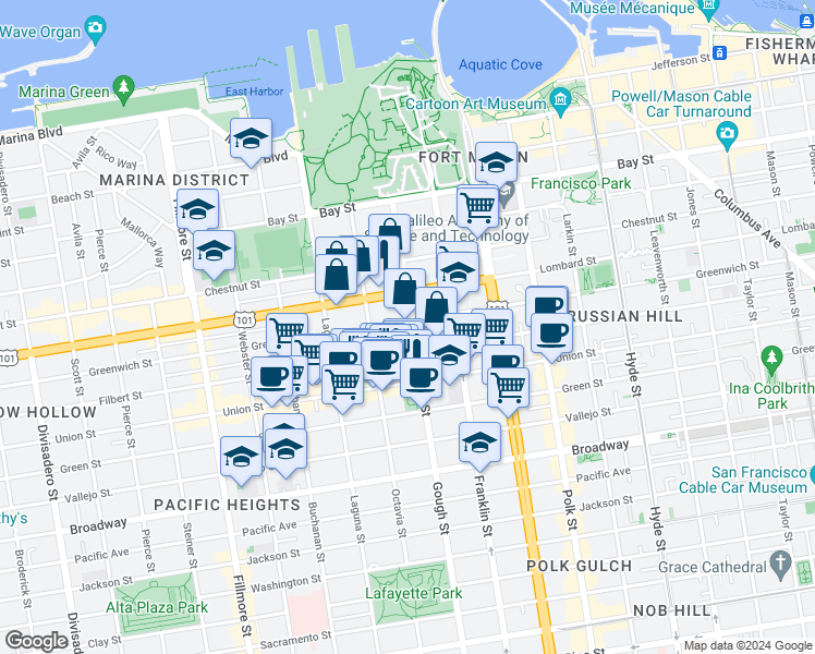 map of restaurants, bars, coffee shops, grocery stores, and more near 1750 Greenwich Street in San Francisco