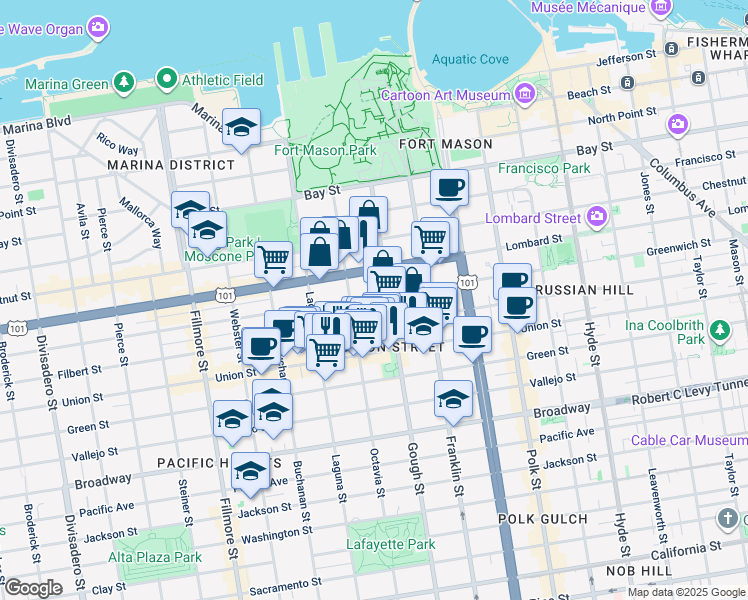 map of restaurants, bars, coffee shops, grocery stores, and more near 1750 Greenwich Street in San Francisco