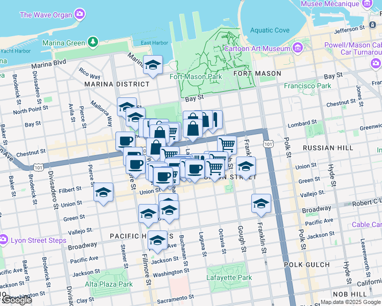 map of restaurants, bars, coffee shops, grocery stores, and more near 3137 Laguna Street in San Francisco